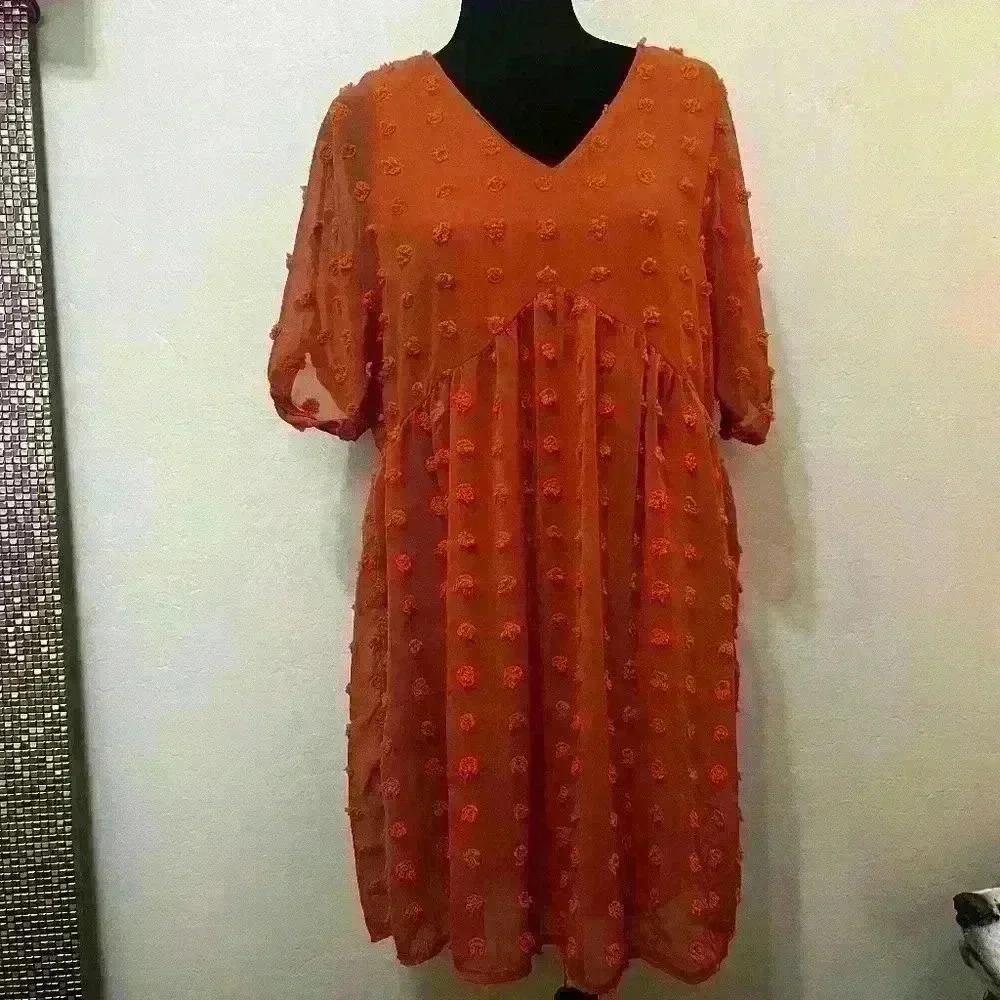 Kirundo Women's Dress Terracotta Pom Texture Sheer Flowy Short Sleeves Lined L